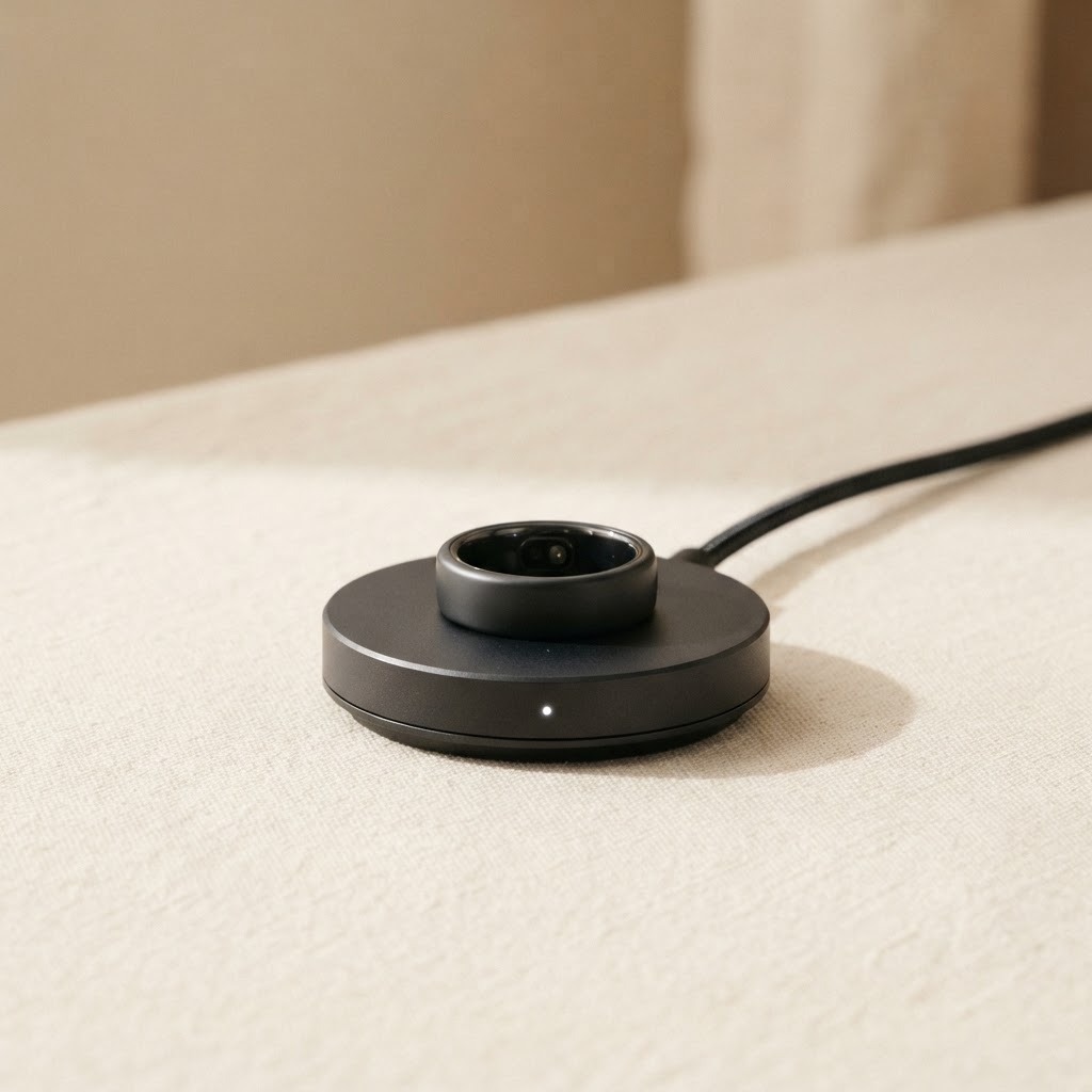 Voltery smart ring resting on its charging dock
