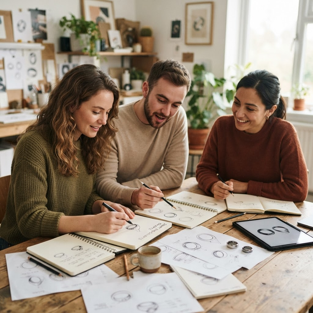 Voltery team sketching smart ring designs around a table